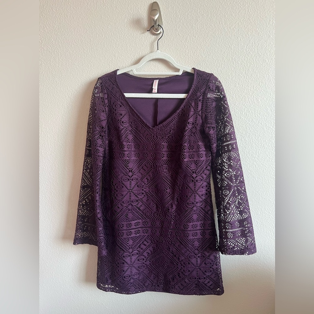 Xhilaration purple lace mini dress with long bell sleeves